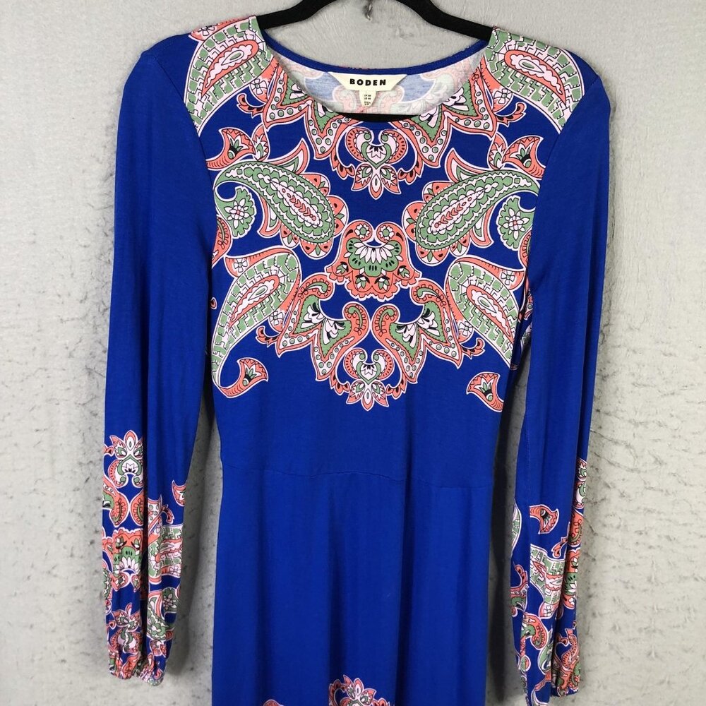 Boden Dress Womens 4 Blue Paisley Jersey Maxi Fit Flare Long Sleeve Boho Belted - Picture 15 of 16